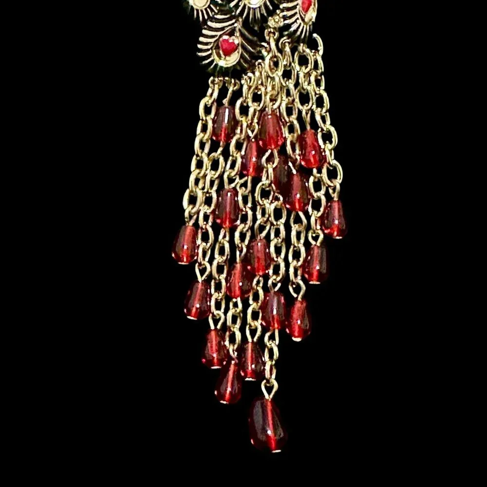 Vintage Red Lotus Peacock Statement Necklace Gold Tone Red Tassel Rhinestone